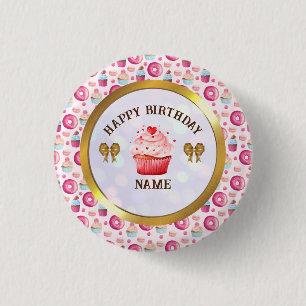 Waterverf Donut en Cupcake Gelukkige Verjaardag Fe Ronde Button 3,2 Cm