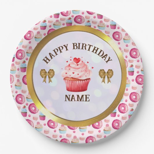 Waterverf Donut en Cupcake Happy Birthday Party Papieren Bordje (Voorkant)