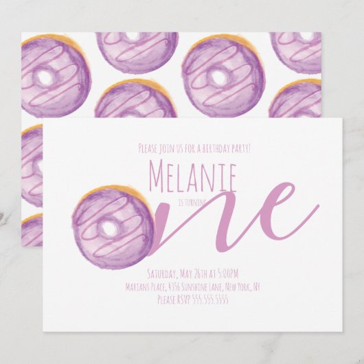 Waterverf Donut First Birthday Sweet Party Paars Kaart (Voorkant / Achterkant)