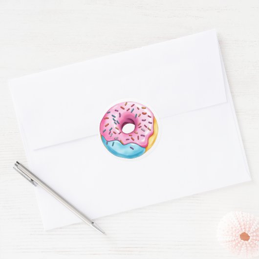 Waterverf Donut met Icing en Sprinkles op wit Ronde Sticker (Envelop)