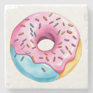 Waterverf Donut met Icing en Sprinkles op wit Stenen Onderzetter