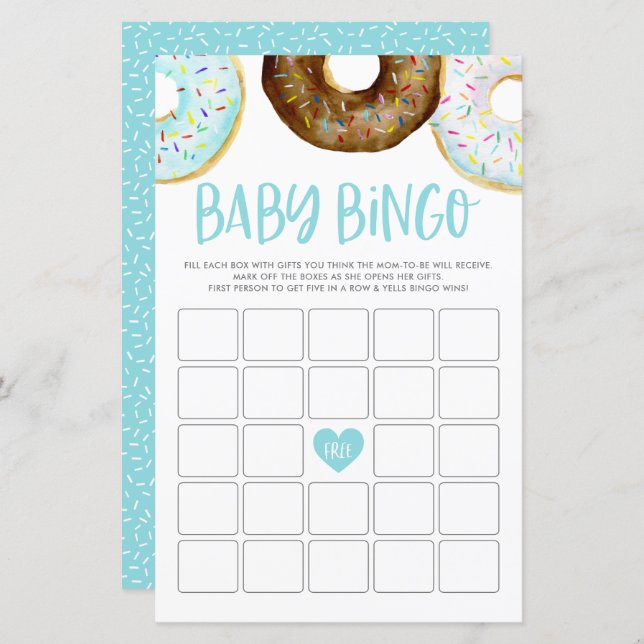 Waterverf donuts Baby shower Bingo Game Card (Voorkant / Achterkant)