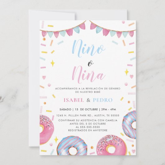 Waterverf Donuts & Confetti Spanish Gender Reveal Kaart (Voorkant)