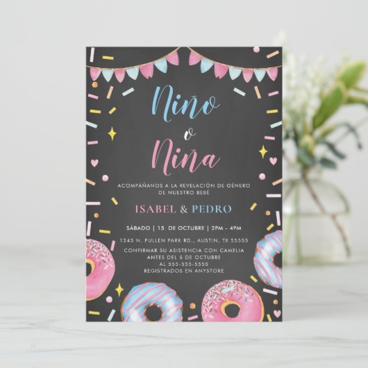 Waterverf Donuts Zwart Spaans Gender Reveal Kaart (Staand voorkant)