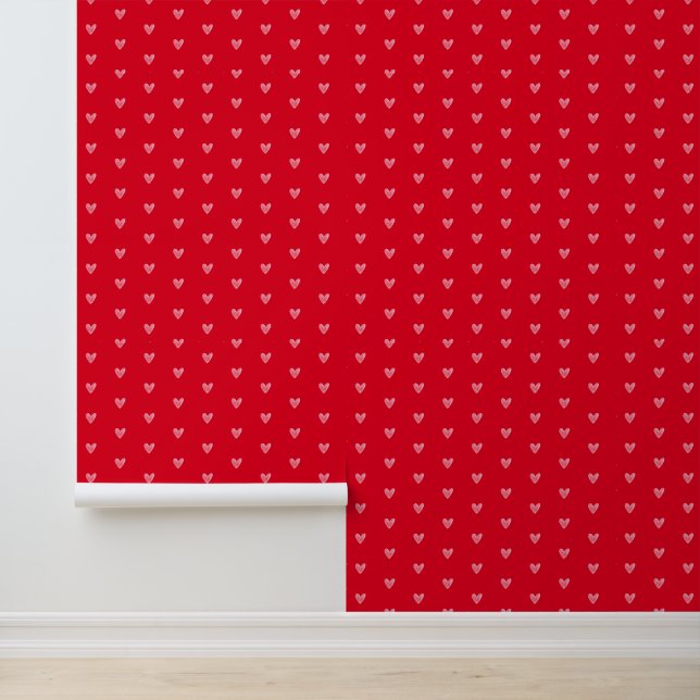 Waterverf Doodle Bord Pinky Hearts op Rood Patroon Behang (Applicatie)