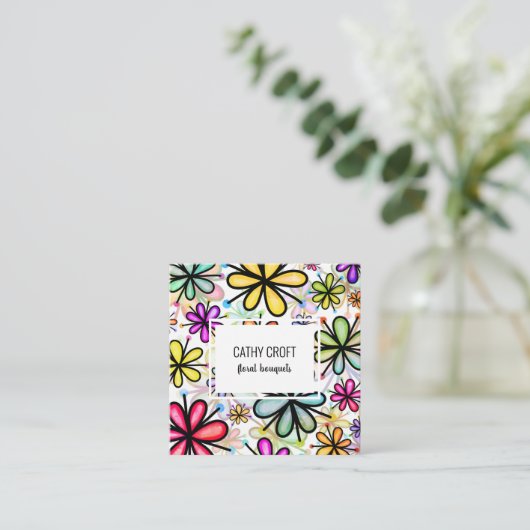 Waterverf Doodle Daisy Flower Pattern Sjabloon Sq Vierkante Visitekaartje (Staand voorkant)