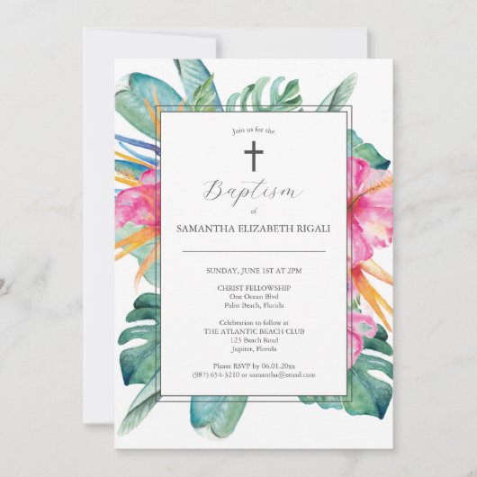 Waterverf doopuitnodigingen tropische bloemen kaart (Voorkant)