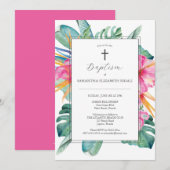 Waterverf doopuitnodigingen tropische bloemen kaart (Voorkant / Achterkant)