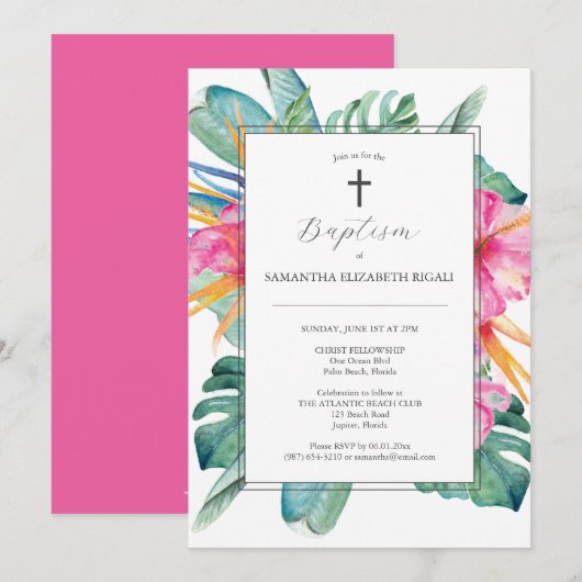 Waterverf doopuitnodigingen tropische bloemen kaart (Voorkant / Achterkant)