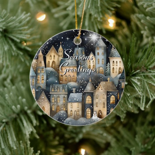 Waterverf  Dorp Star Night Christmas Keramisch Ornament (Boom)