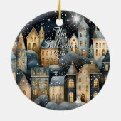 Waterverf  Dorp Star Night Christmas Keramisch Ornament (Achterkant)