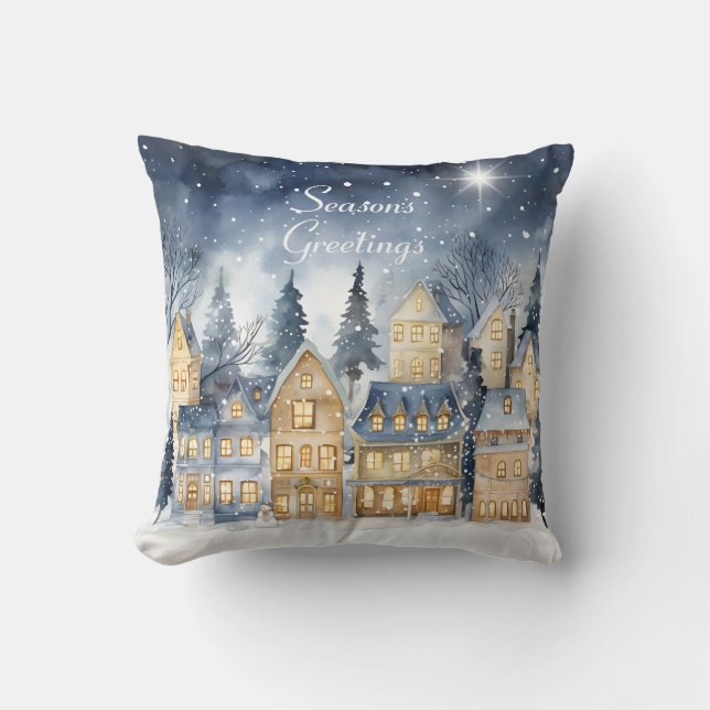 Waterverf  Dorp Star Night Christmas Kussen (Voorkant)