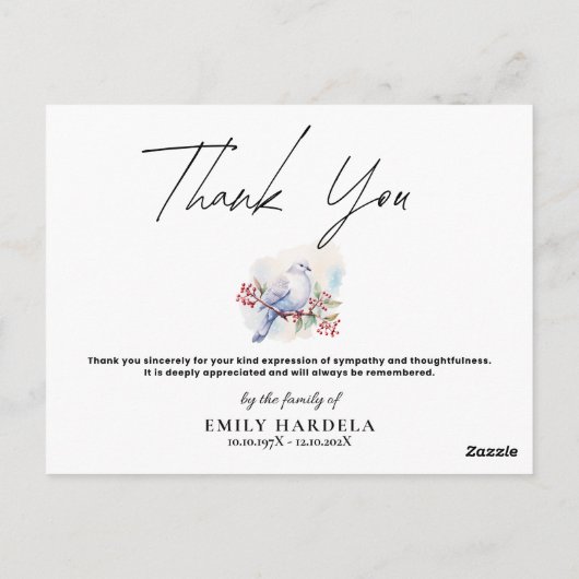 Waterverf Dove Eenvoudig Script Begrafenis Bedankt Briefkaart (Achterkant)