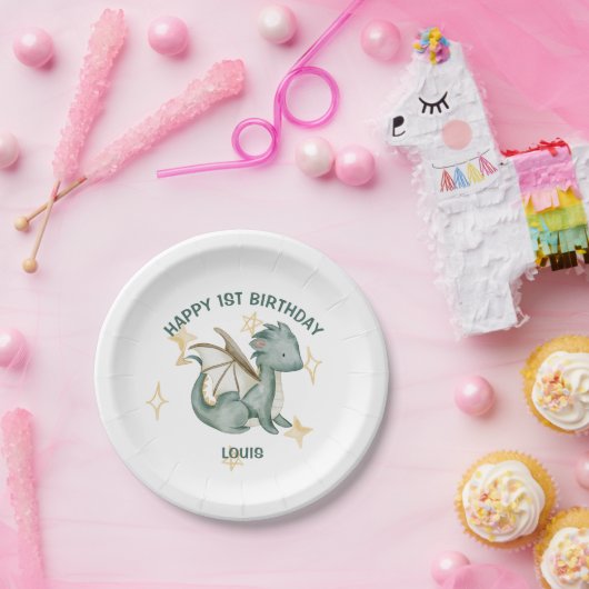 waterverf dragon en sterren blije verjaardagsartik papieren bordje (Feest)