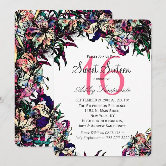 Waterverf Dragon Lilies Sweet 16 Uitnodigingen (Voorkant / Achterkant)