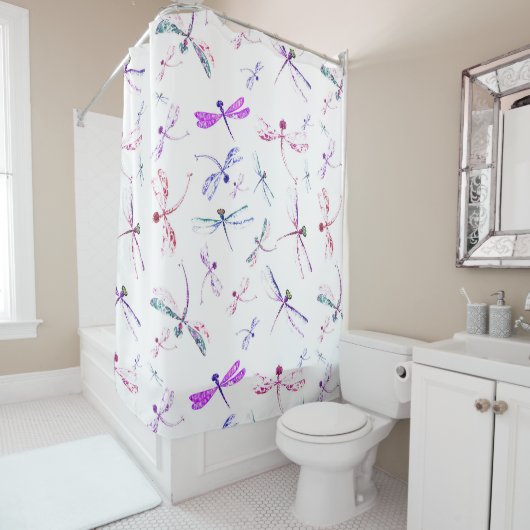 Waterverf Dragonflies Roze Lavender Blue White Douchegordijn (In situ)