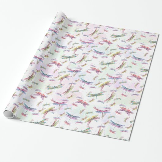 Waterverf Dragonflies Roze Lavender Geel Wit Cadeaupapier (Uitgerold)