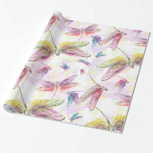 Waterverf Dragonflies Roze Lavender Geel Wit Cadeaupapier