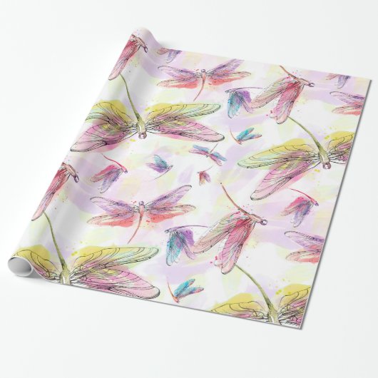 Waterverf Dragonflies Roze Lavender Geel Wit Cadeaupapier (Uitgerold)