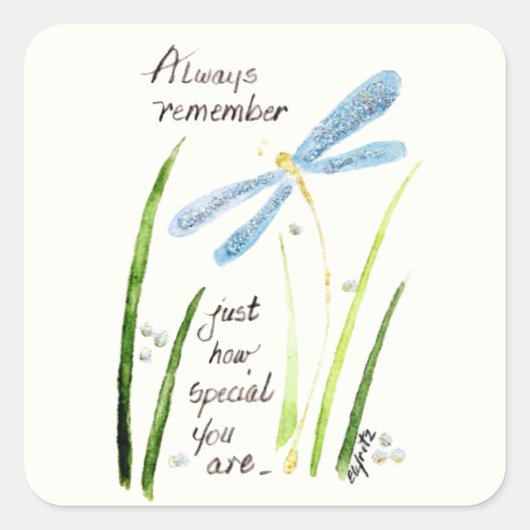 Waterverf Dragonfly Altijd tekst onthouden Vierkante Sticker (Voorkant)