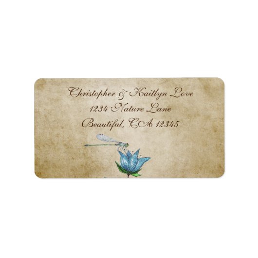  Waterverf Dragonfly Blauw Bloemen Adres Etiket (Voorkant)