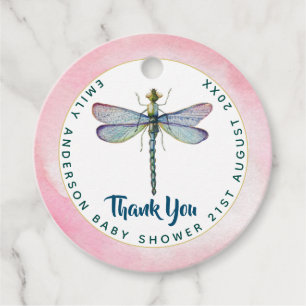 Waterverf DRAGONFLY Dank u Baby shower PinkBlu Bedankjes Labels