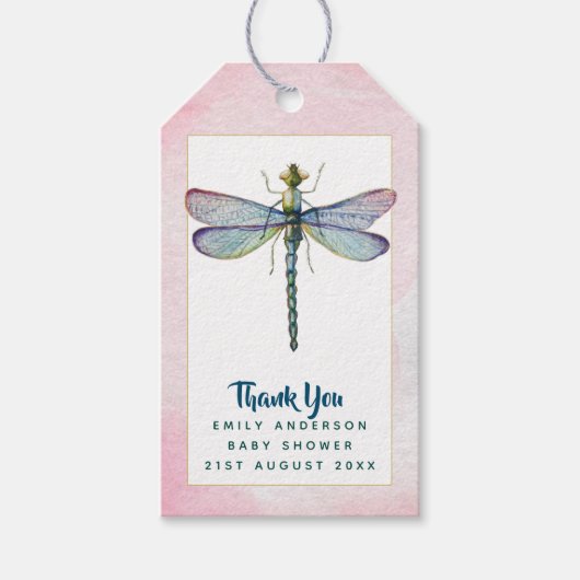 Waterverf DRAGONFLY Dank u Baby shower PinkBlu Cadeaulabel (Voorkant)