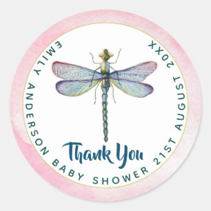 Waterverf DRAGONFLY Dank u Baby shower PinkBlu Ronde Sticker