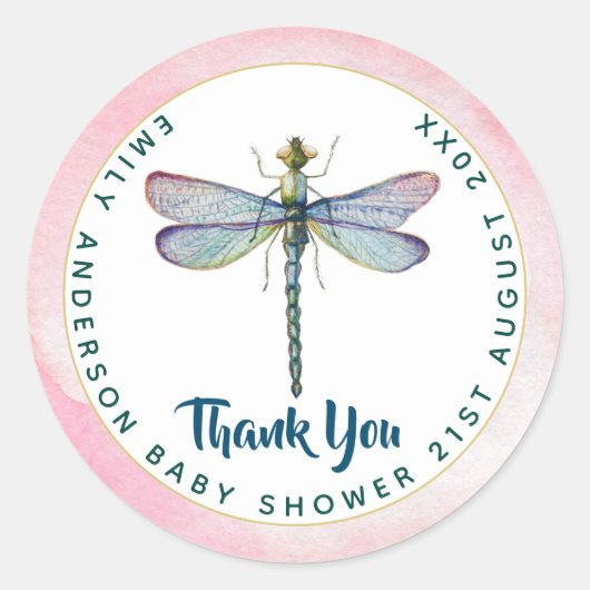 Waterverf DRAGONFLY Dank u Baby shower PinkBlu Ronde Sticker (Voorkant)