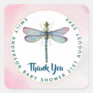 Waterverf DRAGONFLY Dank u Baby shower PinkBlu Vierkante Sticker
