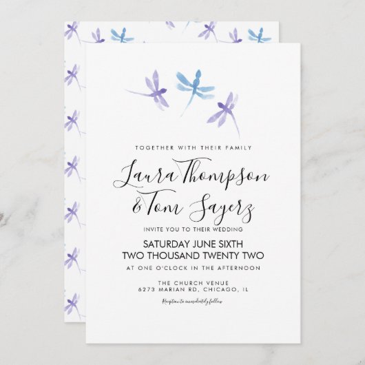Waterverf Dragonfly Elegant Script Wedding Kaart (Voorkant / Achterkant)
