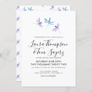 Waterverf Dragonfly Elegant Script Wedding Kaart