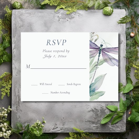  Waterverf Dragonfly en groen bruiloft RSVP Kaartje