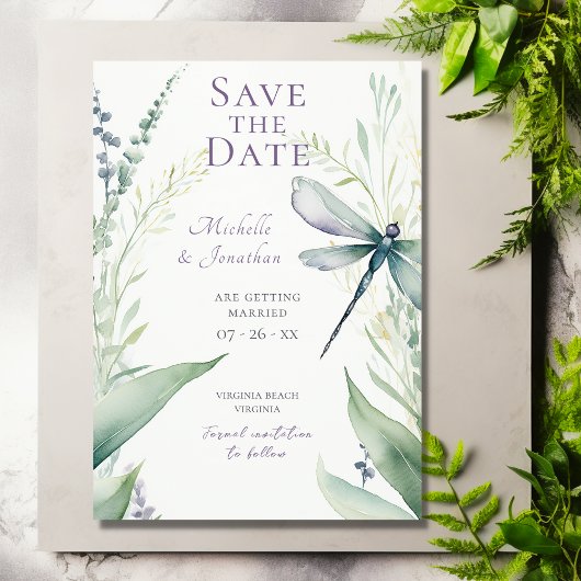 Waterverf Dragonfly en groen Foto Bruiloft Save The Date