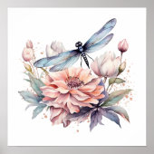 Waterverf Dragonfly & Flowers Poster (Voorkant)