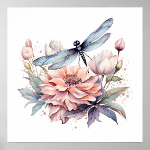 Waterverf Dragonfly & Flowers Poster