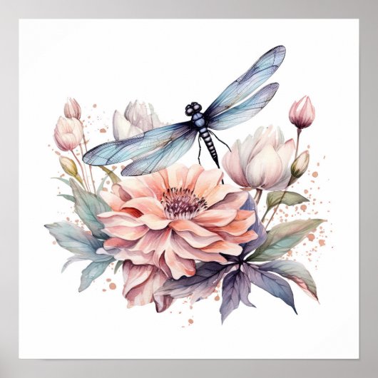 Waterverf Dragonfly & Flowers Poster (Voorkant)