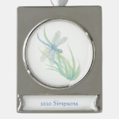 Waterverf Dragonfly in blauwe groene kleur Verzilverd Banner Ornament (Voorkant)