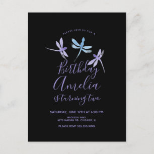 Waterverf Dragonfly Paars Black Birthday Party Briefkaart