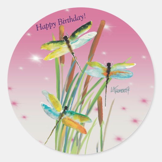 Waterverf Dragonfly Roze Gepersonaliseerde briefpa Ronde Sticker (Voorkant)