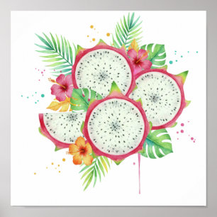 Waterverf Drakenfruit & Tropische Hibiscus  Poster