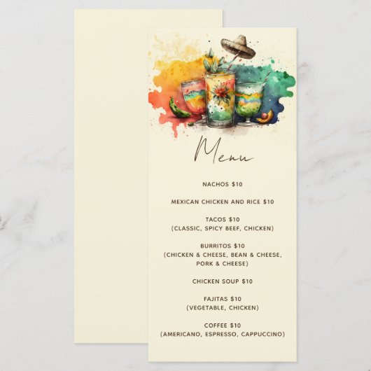 Waterverf drankje festa party Mexicaans voedselcaf Menu (Voorkant / Achterkant)