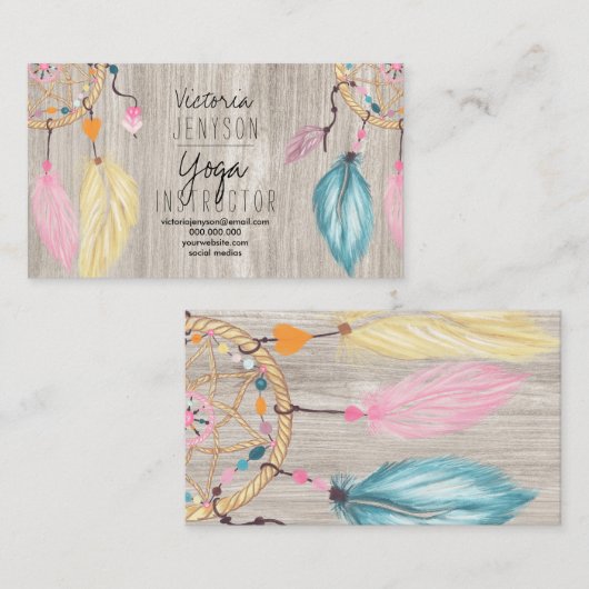 Waterverf dreamcatcher veren licht hout yoga visitekaartje (Voorkant / Achterkant)