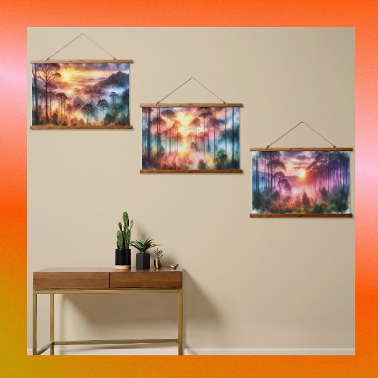 Waterverf Dreamy Misty Forest bij zonsopgang | Hangend Wandkleed