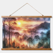 Waterverf Dreamy Misty Forest bij zonsopgang | Hangend Wandkleed (Voorkant)