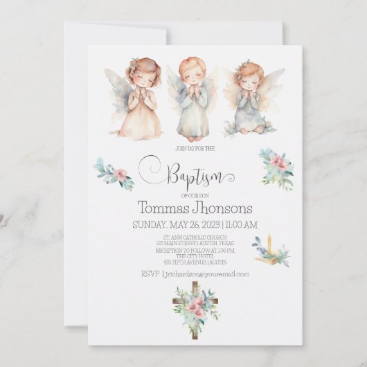 Waterverf Drie Angels Baby Baptisme Uitnodiging (Voorkant)