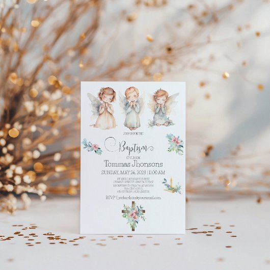 Waterverf Drie Angels Baby Baptisme Uitnodiging