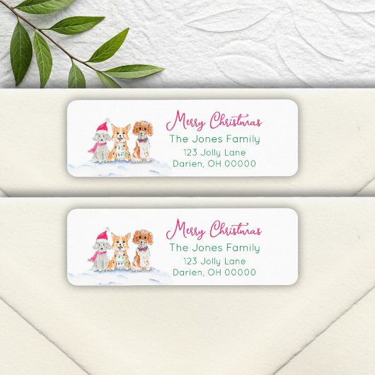 Waterverf drie honden klaar voor kerstmis etiket