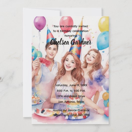 Waterverf Drie Jongeren Vieren Verjaardag Kaart (Voorkant)