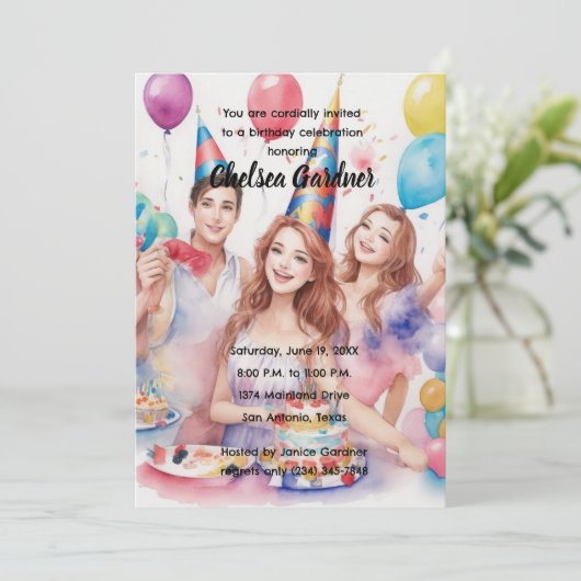 Waterverf Drie Jongeren Vieren Verjaardag Kaart (Staand voorkant)